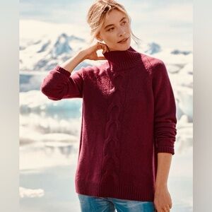 Garnet Hill 100% Cashmere Cable-Detail Tunic Sweater Mockneck  - Merlot Red XS